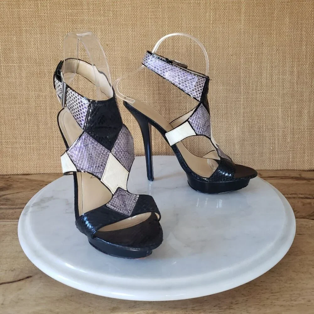 Vintage Charles Jourdan Black White Purple Iridescent Snakeskin Stiletto Heels 7